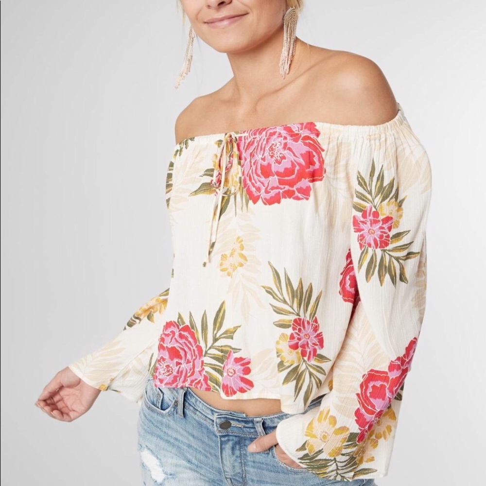 Billabong Crop Top Off the Shoulder in White Floral Light it Up Women’s Size XS